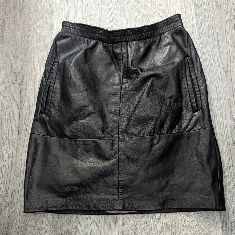 Vintage Genuine Black Leather Mini Skirt Elastic Waist Pockets XS S